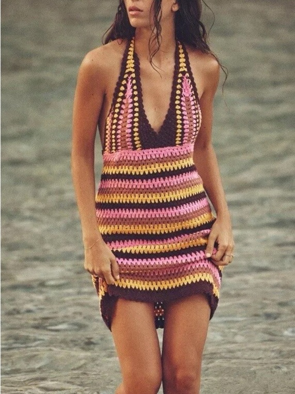 Zara Crochet Zigzag Striped Retro Vibe Halter Mini Dress Coverup